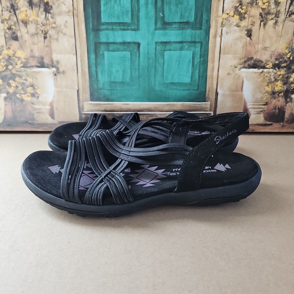 SKECHERS Reggae SLIM Simply STRETCH Slingback SANDALS in Black WOMEN'S Sz 10 US
